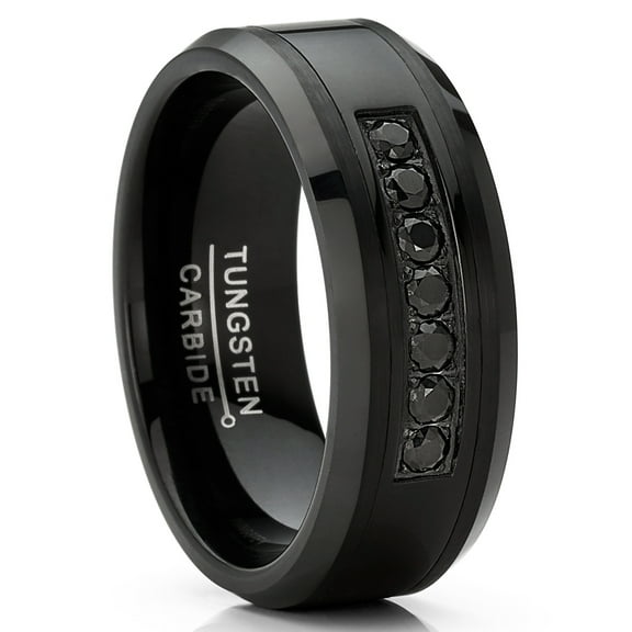 Metal Masters Mens Tungsten Ring Black Stainless Steel Wedding Band 7 Round Cubic Zirconia 8mm