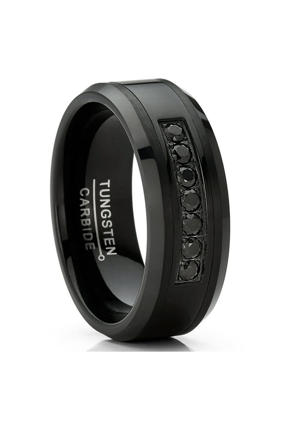 Mens Tungsten Ring Black Stainless Steel Wedding Band 7 Round Cubic Zirconia 8mm