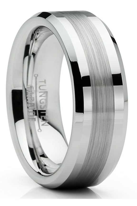 Mens Tungsten Ring Brushed Wedding Band Silvertone Comfort-fit 8mm