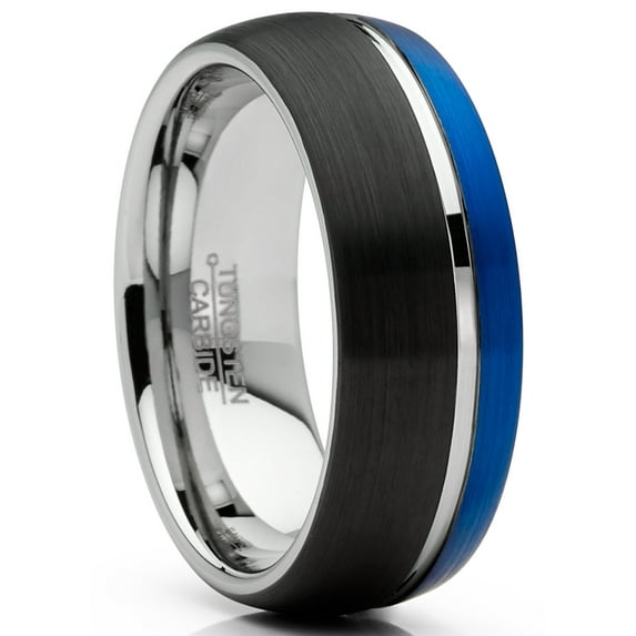Metal Masters Mens Tungsten Ring Dome Wedding Band Groove Black Blue Silver Comfort-fit 8mm