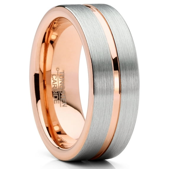 Metal Masters Mens Tungsten Ring Rose Goldtone Wedding Band Grooved Comfort-fit 8mm