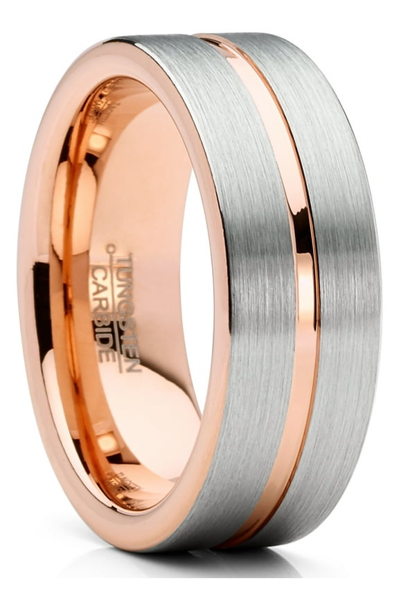 Mens Tungsten Ring Rose Goldtone Wedding Band Grooved Comfort-fit 8mm