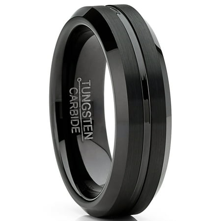 Metal Masters Mens Tungsten Wedding Band Black Ring Grooved Center 6mm