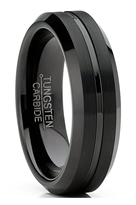 Mens Tungsten Wedding Band Black Ring Grooved Center 6mm