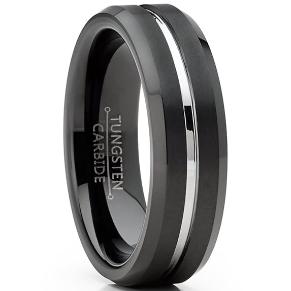 Metal Masters Mens Tungsten Wedding Band Black Ring Silver Two-Tone Grooved Center 6mm