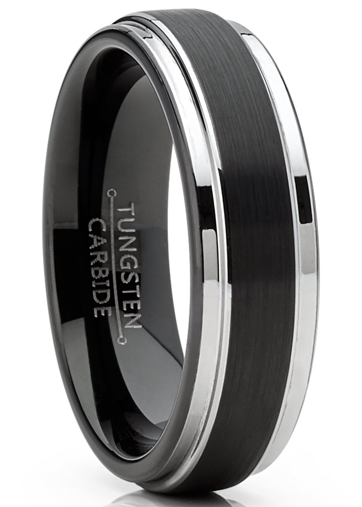 Men's Black and Silver Tungsten Wedding Band, Size 9