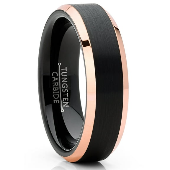 Metal Masters Mens Tungsten Wedding Band Ring Black Rose Goldtone Edges 4mm