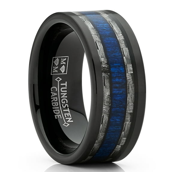 Metal Masters Mens Tungsten Wedding Band Ring Carbon Fiber Blue Wood Inlay 9mm Comfort-Fit 12