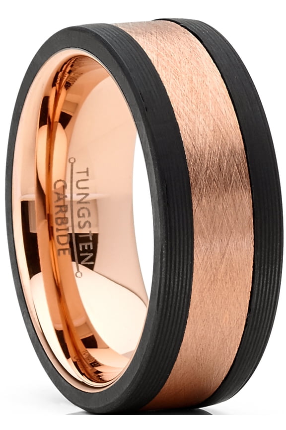 Mens Tungsten Wedding Band Ring Rose Goldtone Carbon Fiber Edges 8mm