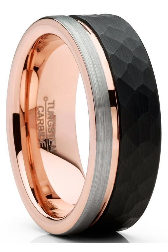 Mens Tungsten Wedding Band Ring Tri-Color Groove Rose Goldtone Comfort-fit 8mm