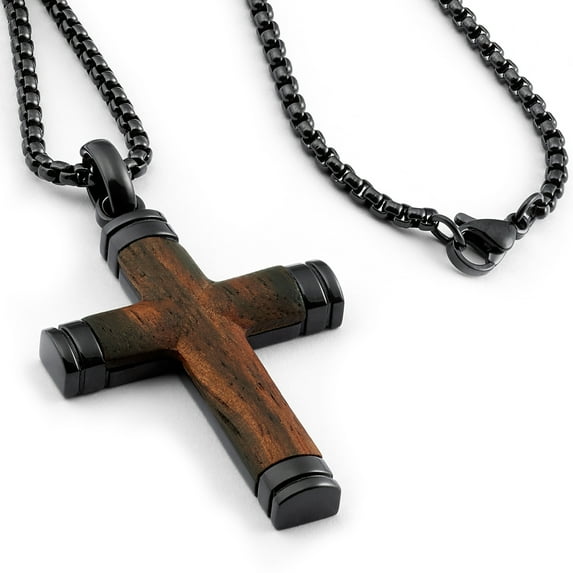 Metal Masters Santos Wood Cross Necklace Pendant Black 24" Stainless Steel Chain