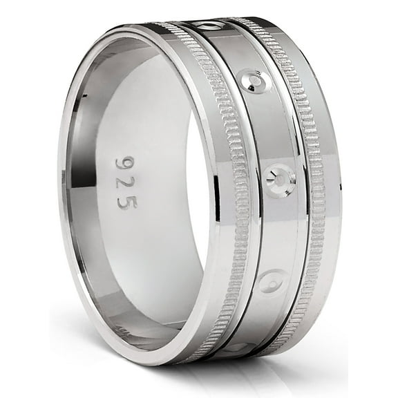 Metal Masters Mens Sterling Silver 925 Ring Milgrain Wedding Band Grooved Comfort-Fit 9mm