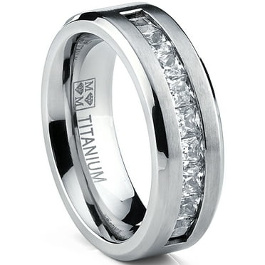 Metal Masters Titanium Mens .9Ct Wedding Band Engagement Ring 9-Large Princess Cut Cubic Zirconia