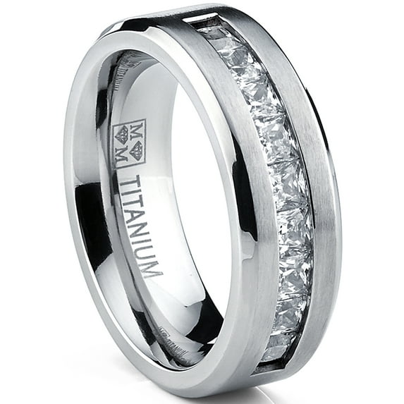 Metal Masters Titanium Mens 1Ct. Wedding Band Engagement Ring 9-Large Princess Cut Cubic Zirconia