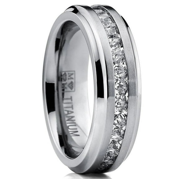 Metal Masters Titanium Mens Wedding Band Engagement Eternity Ring Princess Cut Cubic Zirconia 7mm