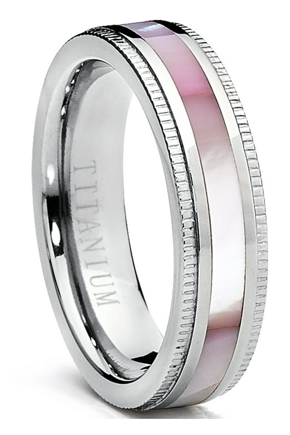 Titanium Womens Pink Hues Mother of Pearl Inlaid Band Ring Comfort-Fit 5mm