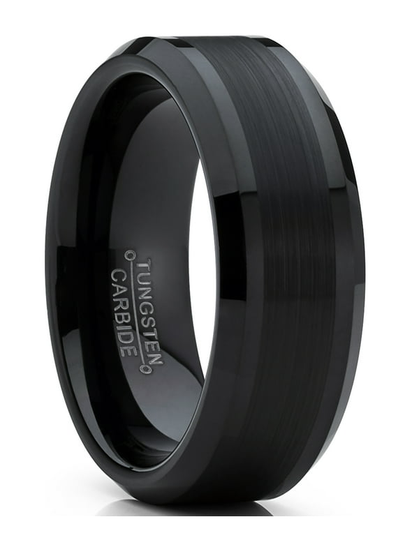 Metal Masters Tungsten Carbide Men's Black Brushed Center Wedding Band Engagement Ring,  8 mm Comfort Fit Size 10