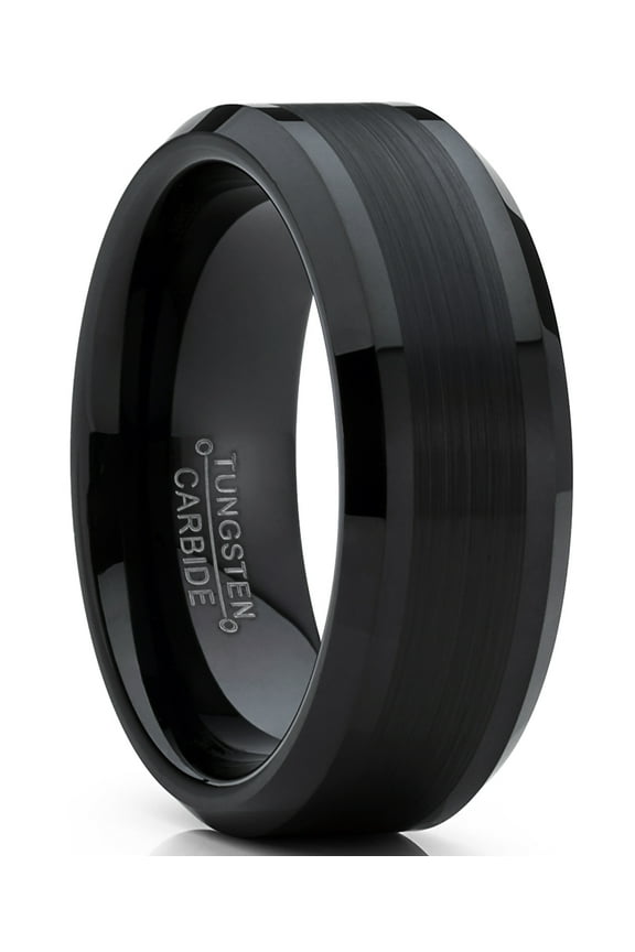 Tungsten Carbide Mens Black Brushed Center Wedding Band Engagement Ring 8mm Comfort-Fit