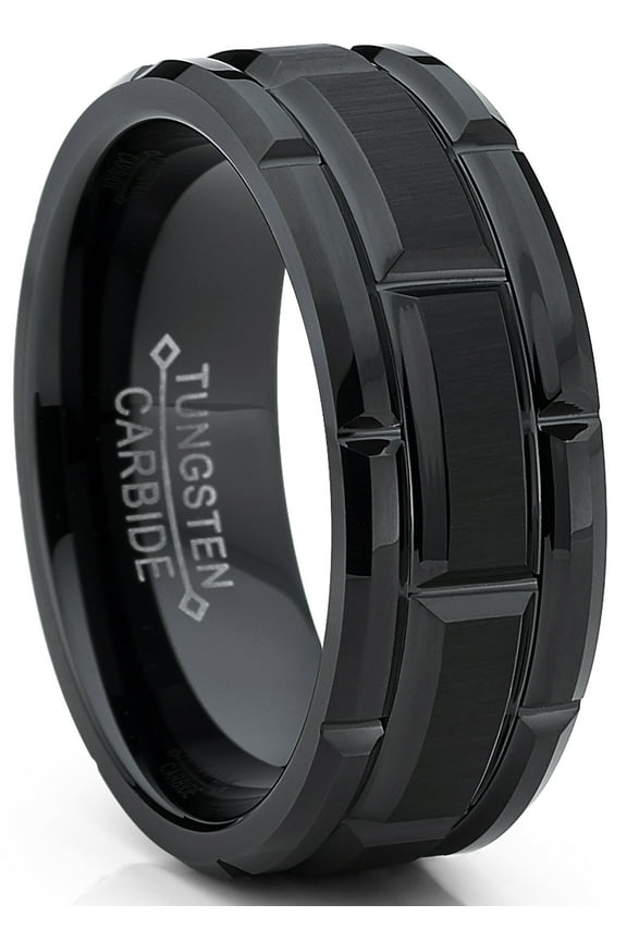Tungsten Carbide Mens Black Brushed Grooved Wedding Band Engagement Ring Comfort-Fit 8mm