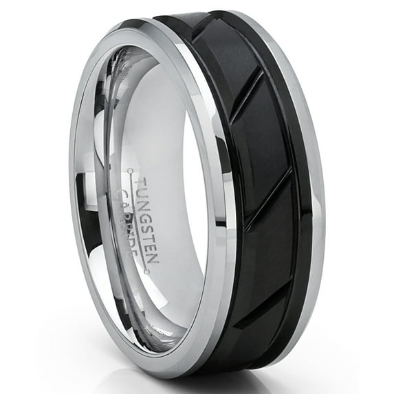 Metal Masters Tungsten Carbide Mens Black Diagonal Grooved Wedding Band Engagement Ring Comfort-Fit 13
