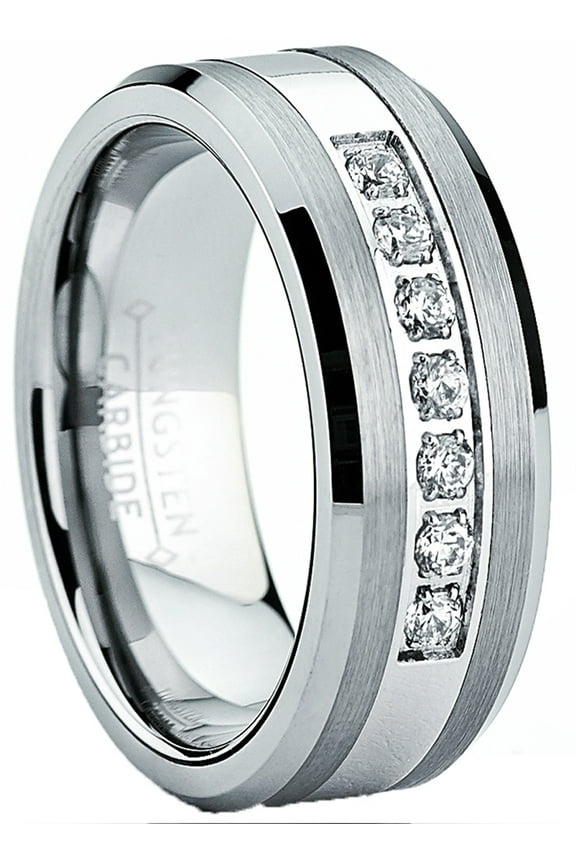 Tungsten Carbide Mens Engagement Wedding Band Ring Center Cubic Zirconia 8mm