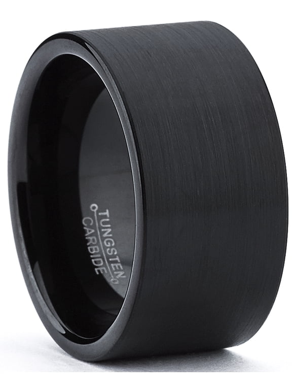 Tungsten Carbide Mens Flat Top Black Brushed Ring Band 12 mm Comfort-Fit
