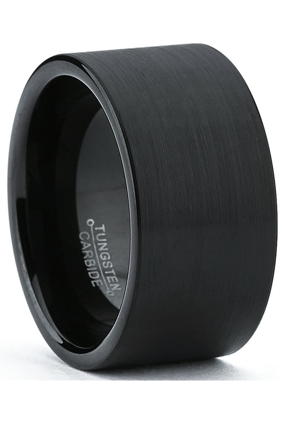 Tungsten Carbide Mens Flat Top Black Brushed Ring Band 12 mm Comfort-Fit