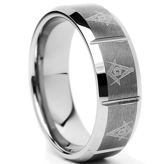 Metal Masters Tungsten Carbide Mens Laser Etched Masonic Ring 8mm Comfort-Fit