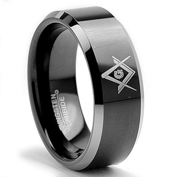 Metal Masters Tungsten Carbide Mens Two-Tone Black Freemason Masonic Ring Band 8mm