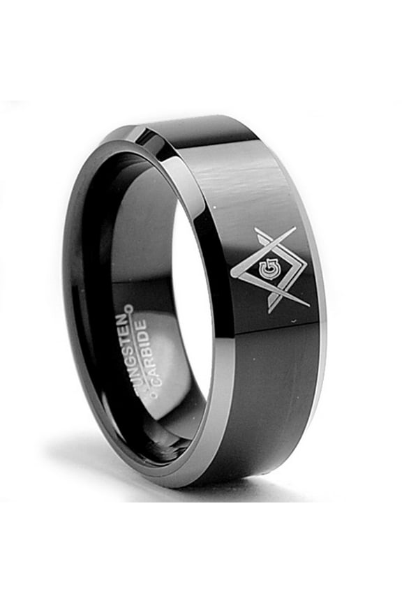 Tungsten Carbide Mens Two-Tone Black Freemason Masonic Ring Band 8mm