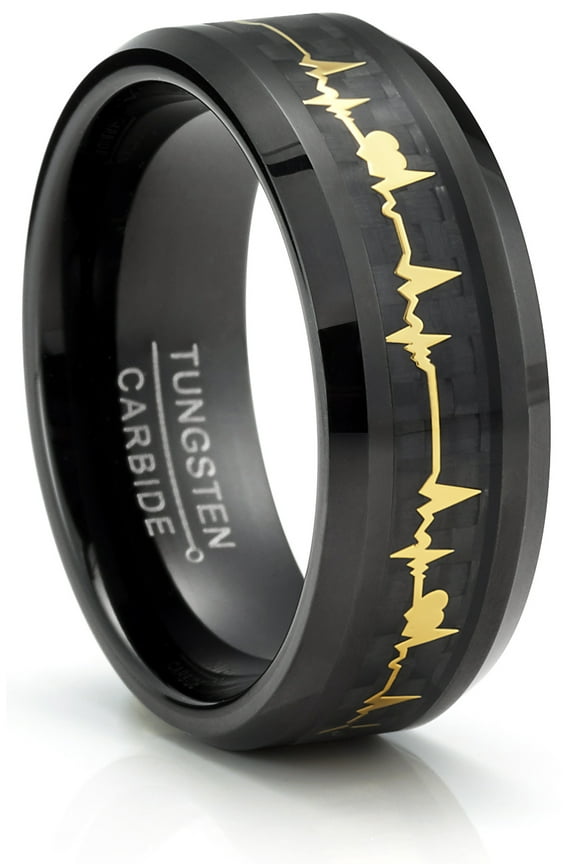 Tungsten Carbide Mens Ring Wedding Band Black Gold-Tone Heart Beat Carbon Fiber Inlay 8mm Comfort-Fit Black