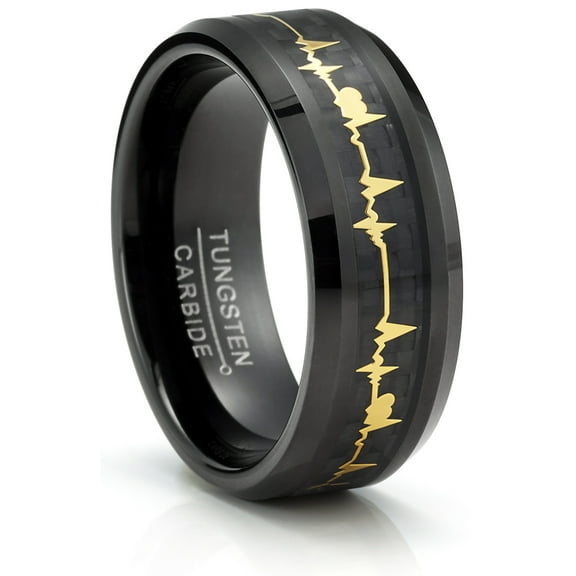 Metal Masters Tungsten Carbide Mens Ring Wedding Band Black Gold-Tone Heart Beat Carbon Fiber Inlay 8mm Comfort-Fit Black