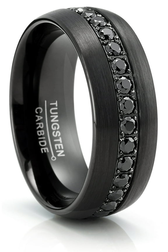 Tungsten Carbide Mens Ring Wedding Band Black Round 1.7Ct Simulated Diamond Cz Cubic Zirconia 8mm Comfort-Fit Black