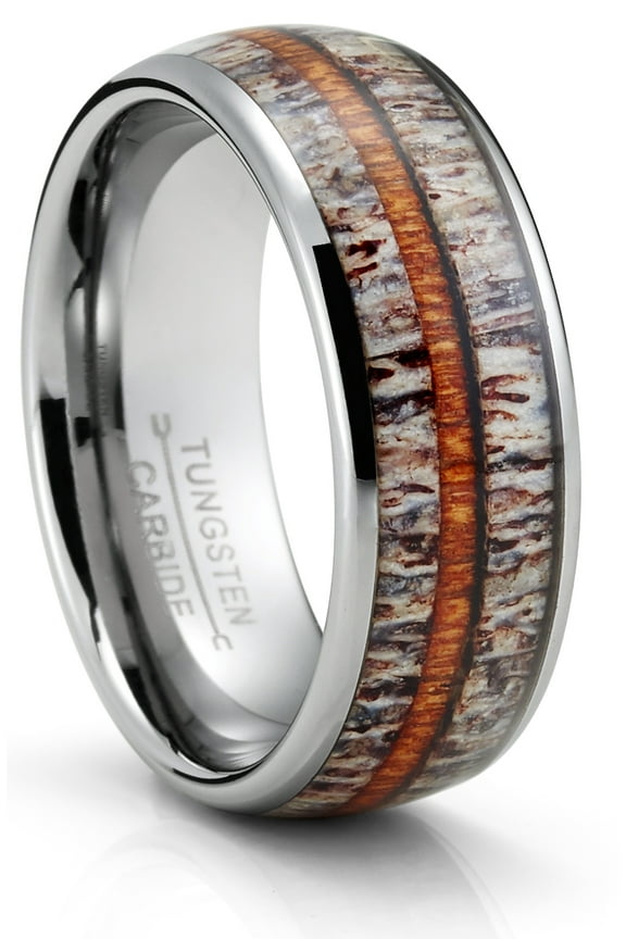 Tungsten Carbide Mens Ring Wedding Band Deer Antler Whiskey Barrel Wood 8mm Comfort-Fit Black