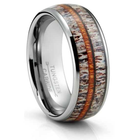 Metal Masters Tungsten Carbide Mens Ring Wedding Band Deer Antler Whiskey Barrel Wood 8mm Comfort-Fit Black