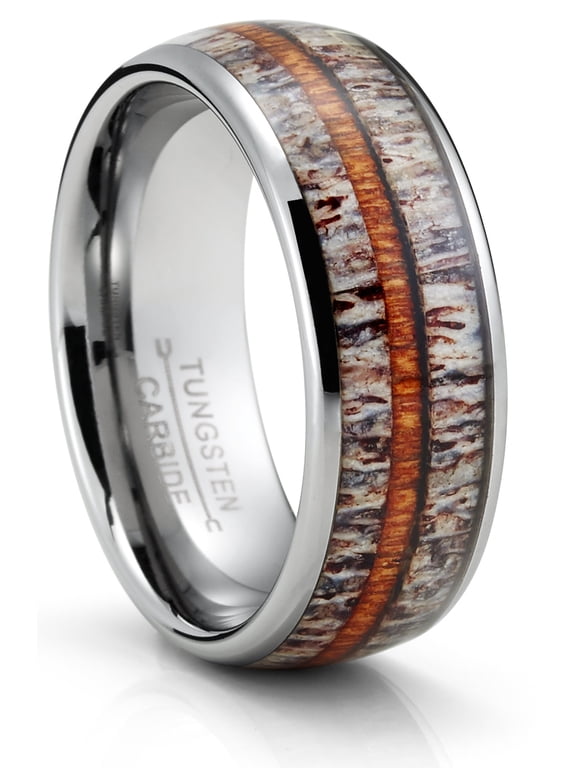 Tungsten Carbide Mens Ring Wedding Band Deer Antler Whiskey Barrel Wood 8mm Comfort-Fit Black