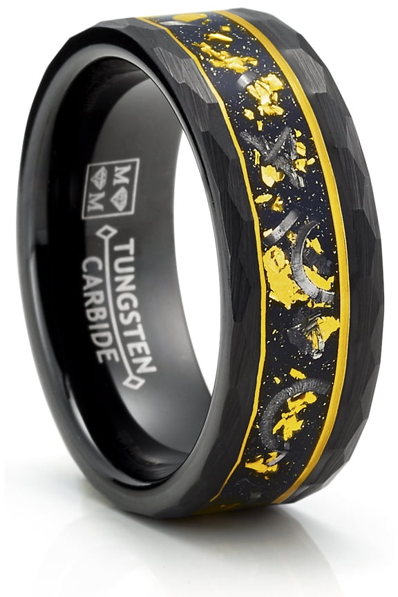 Tungsten Carbide Mens Ring Wedding Band Gold Flakes Meteorite Shavings Hammered 8mm Comfort-Fit Black