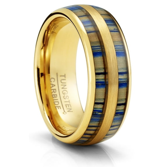 Metal Masters Tungsten Carbide Mens Ring Wedding Band Goldtone Blue Zebra Bamboo Wood Inlay 8mm Comfort-Fit Black