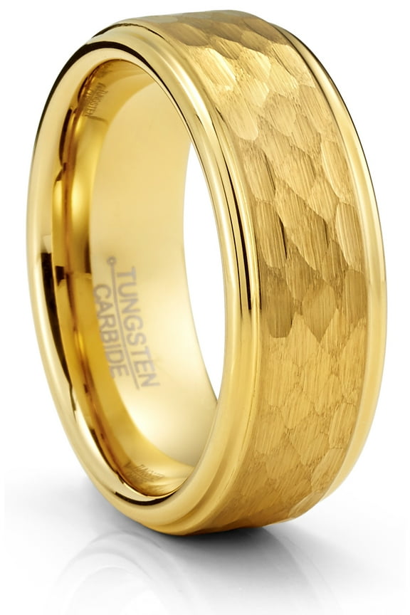 Tungsten Carbide Mens Ring Wedding Band Goldtone Hammered Center 8mm Comfort-Fit Black