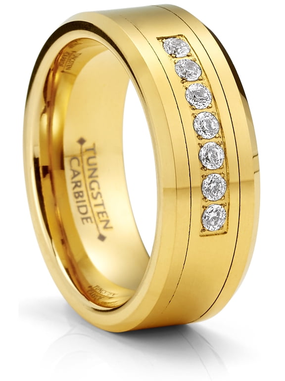 Tungsten Carbide Mens Ring Wedding Band Goldtone Simulated Diamond Cz Cubic Zirconia 8mm Comfort-Fit Black