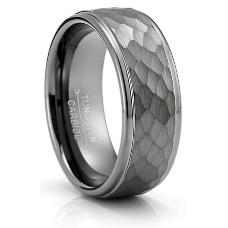 Metal Masters Tungsten Carbide Mens Ring Wedding Band Gunmetal Hammered 8mm Comfort-Fit Black