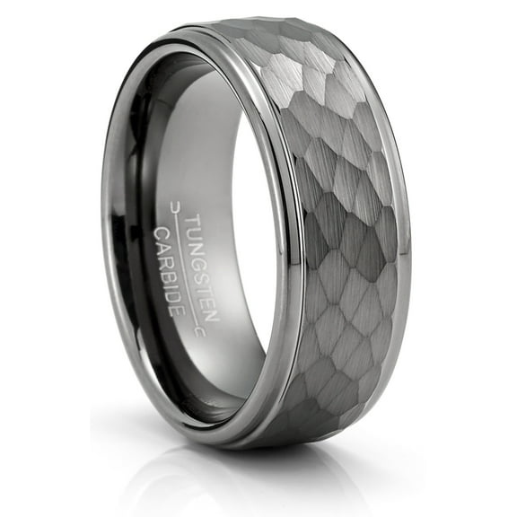 Metal Masters Tungsten Carbide Mens Ring Wedding Band Gunmetal Hammered 8mm Comfort-Fit Black