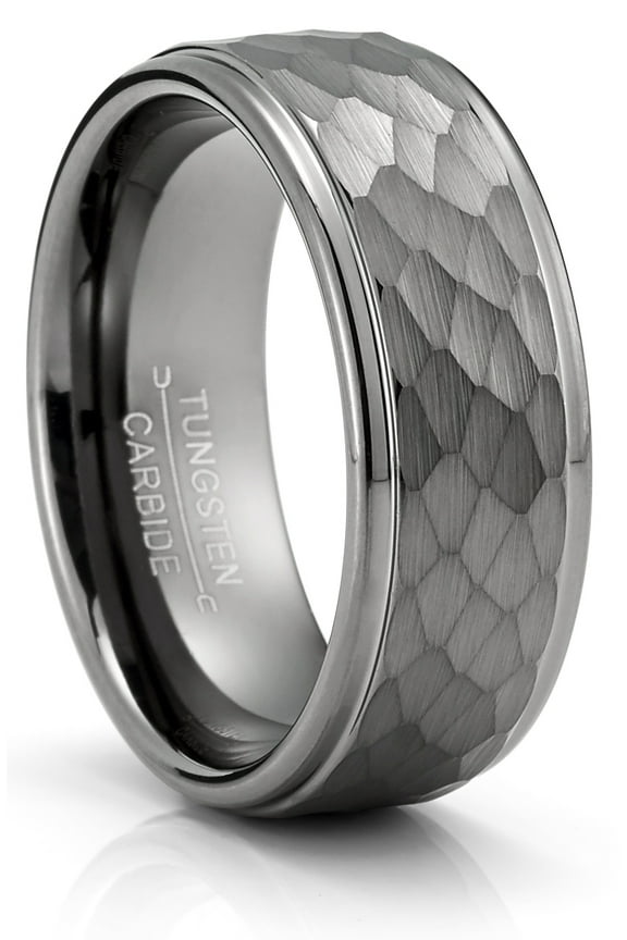 Tungsten Carbide Mens Ring Wedding Band Gunmetal Hammered 8mm Comfort-Fit Black