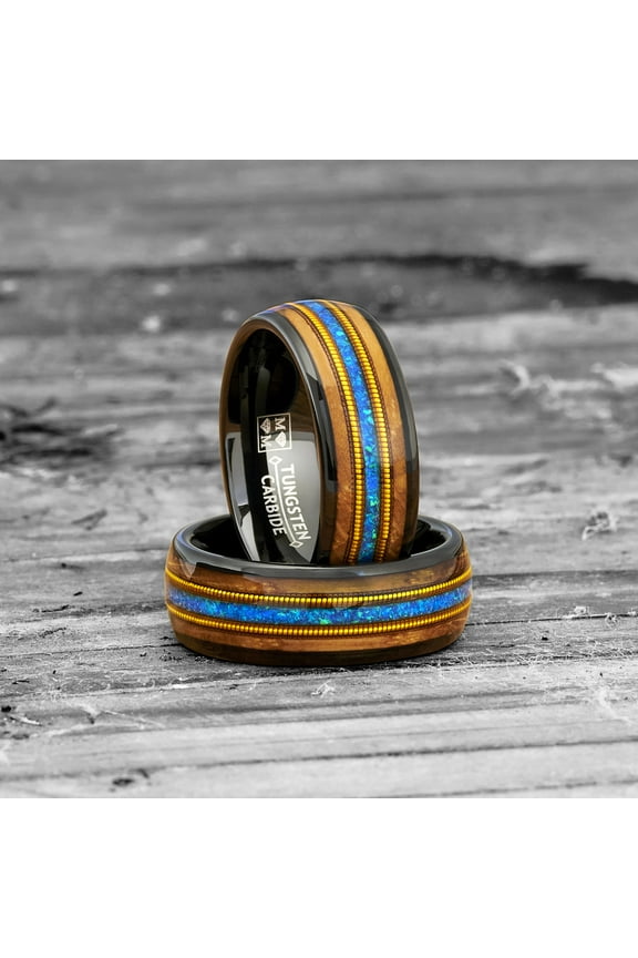 Tungsten Carbide Mens Ring Wedding Band Whiskey Barrel Crushed Opal Gold Guitar String Inlaid 8mm Comfort-Fit Black