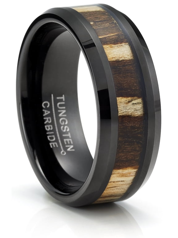 Tungsten Carbide Mens Ring Wedding Band Zebra Wood Inlay 8mm Comfort-Fit Black
