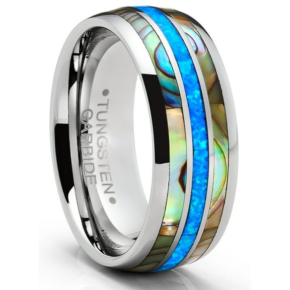 Metal Masters Tungsten Carbide Mens Wedding Band Blue Opal Mother of Pearl Engagement Ring Silvertone