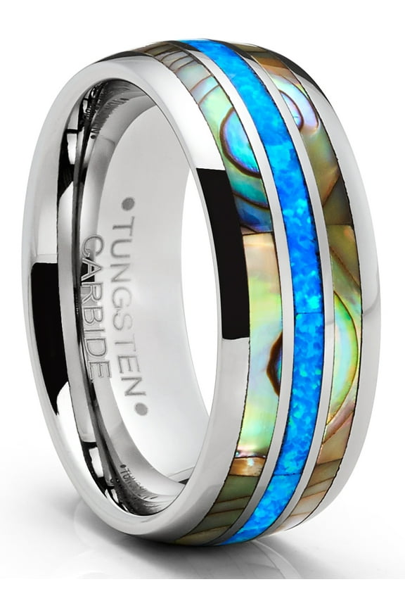 Tungsten Carbide Mens Wedding Band Blue Opal Mother of Pearl Engagement Ring Silvertone