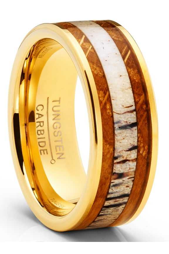 Tungsten Carbide Mens Wedding Band Whiskey Barrel Deer Antler Inlay Engagement Ring Goldtone