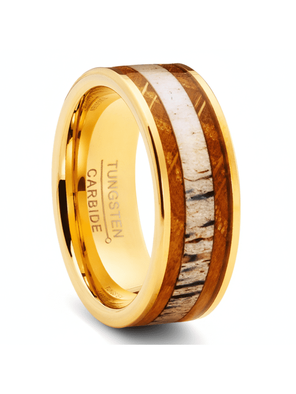 Tungsten Carbide Mens Wedding Band Whiskey Barrel Deer Antler Inlay Engagement Ring Goldtone