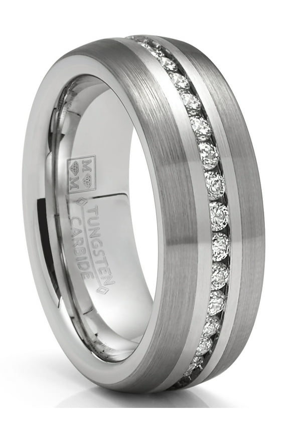 Mens Tungsten Carbide Ring Eternity Wedding Band Dome Brushed Cz 8mm